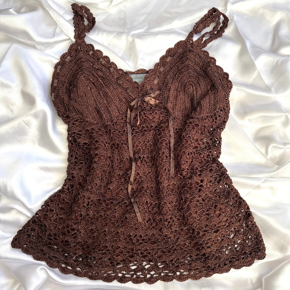 Crossroads Brown Crochet Metallic Lace Camisole Tank Top Ribbon Tie Small